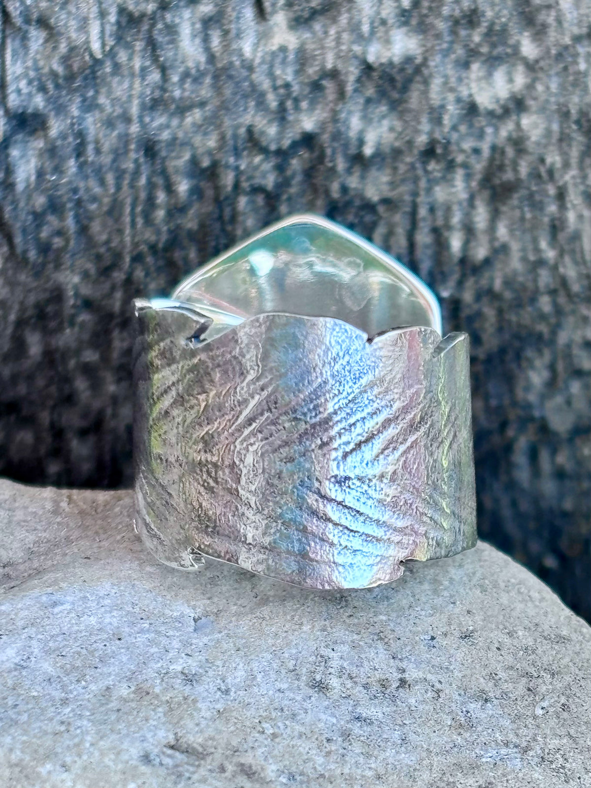 Handcrafted Abalone & Himalayan Quartz Doublet Ring | Sterling Silver Feather Band | Size 8.5