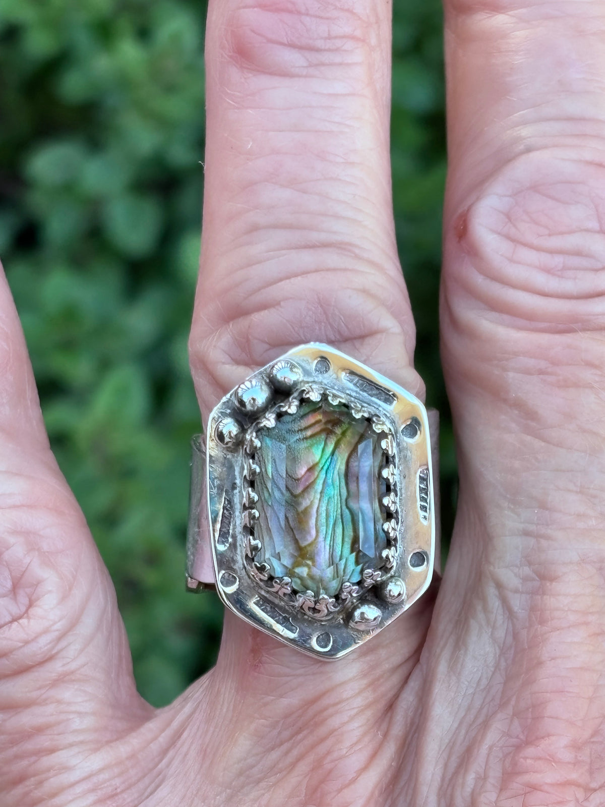 Handcrafted Abalone & Himalayan Quartz Doublet Ring | Sterling Silver Feather Band | Size 8.5