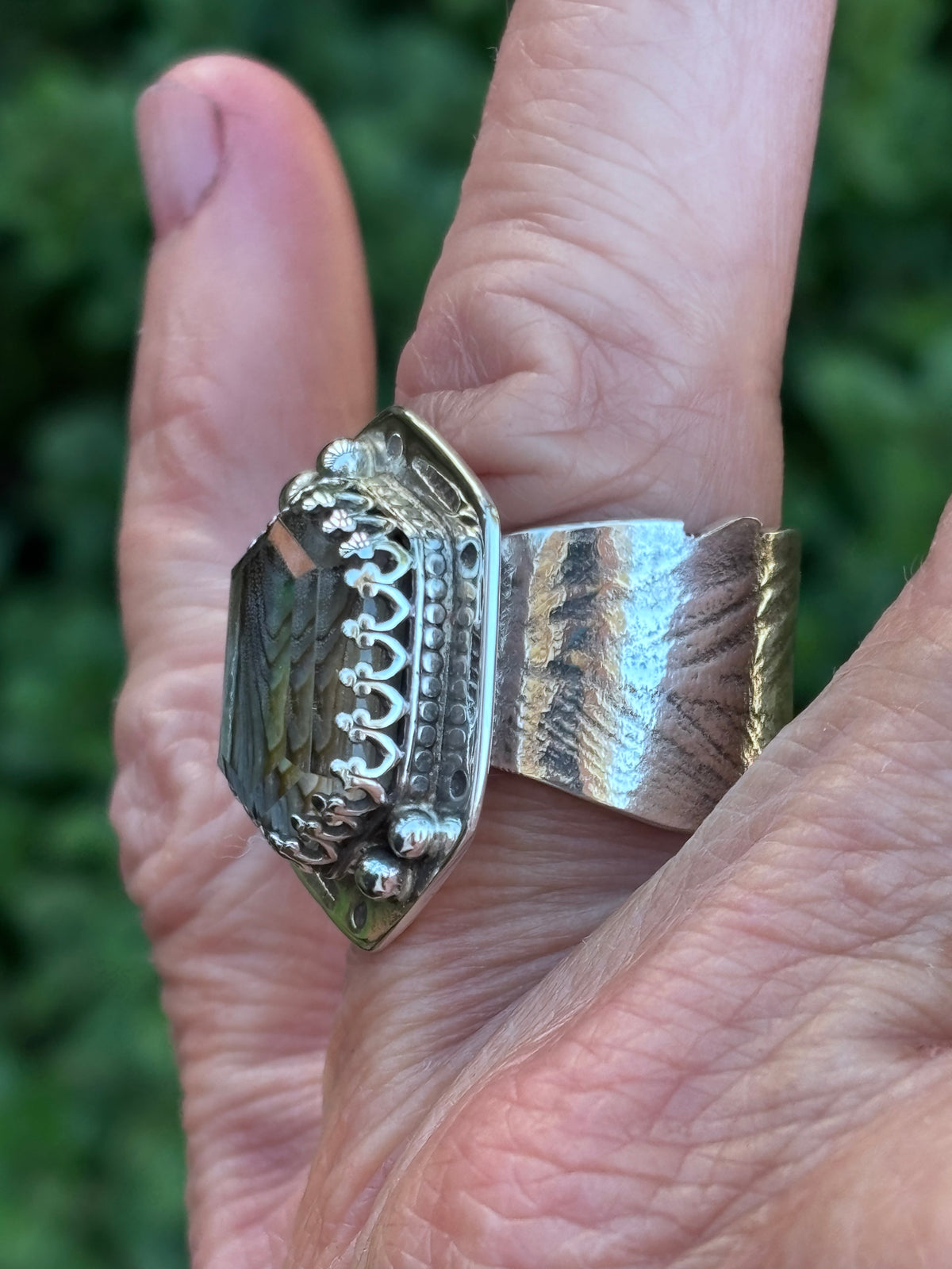 Handcrafted Abalone & Himalayan Quartz Doublet Ring | Sterling Silver Feather Band | Size 8.5