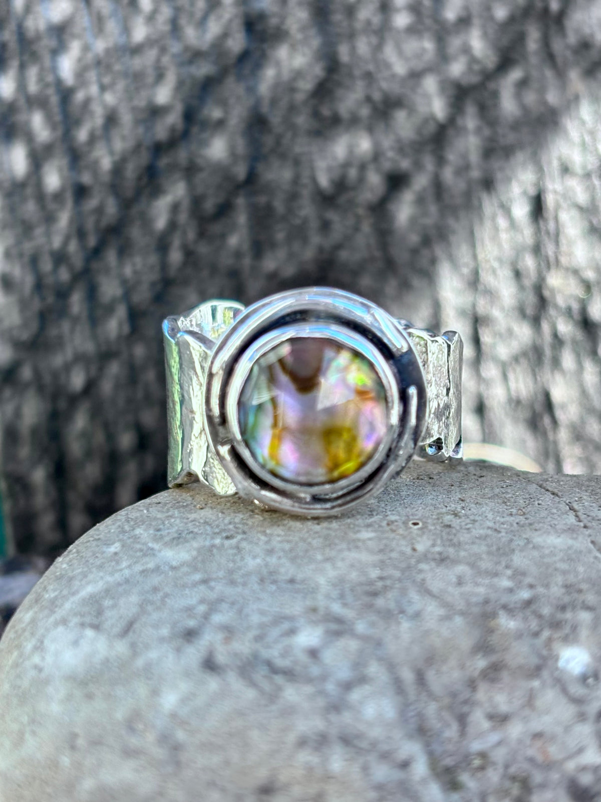 Handmade Sterling Silver Abalone & Himalayan Quartz Doublet Ring | Fern Leaf Band | Size 8.75