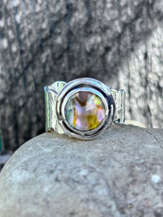 Handmade Sterling Silver Abalone & Himalayan Quartz Doublet Ring | Fern Leaf Band | Size 8.75
