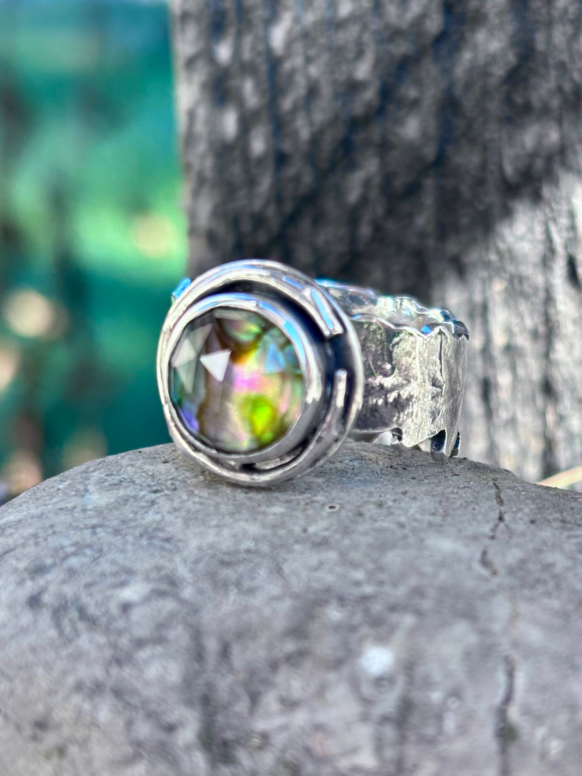 Handmade Sterling Silver Abalone & Himalayan Quartz Doublet Ring | Fern Leaf Band | Size 8.75
