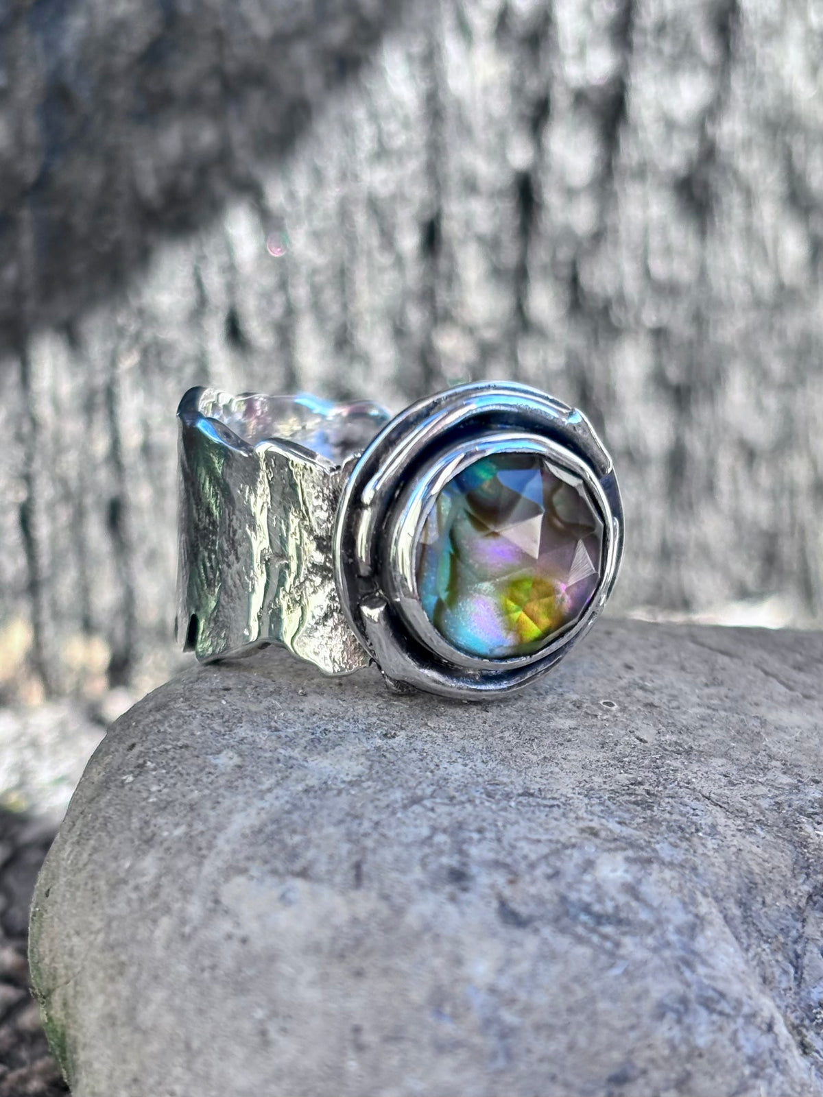 Handmade Sterling Silver Abalone & Himalayan Quartz Doublet Ring | Fern Leaf Band | Size 8.75