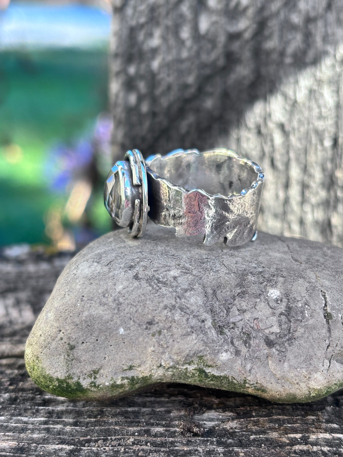 Handmade Sterling Silver Abalone & Himalayan Quartz Doublet Ring | Fern Leaf Band | Size 8.75