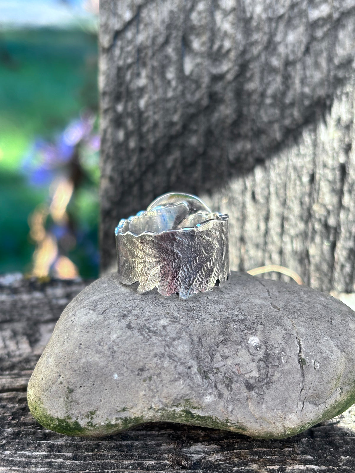 Handmade Sterling Silver Abalone & Himalayan Quartz Doublet Ring | Fern Leaf Band | Size 8.75