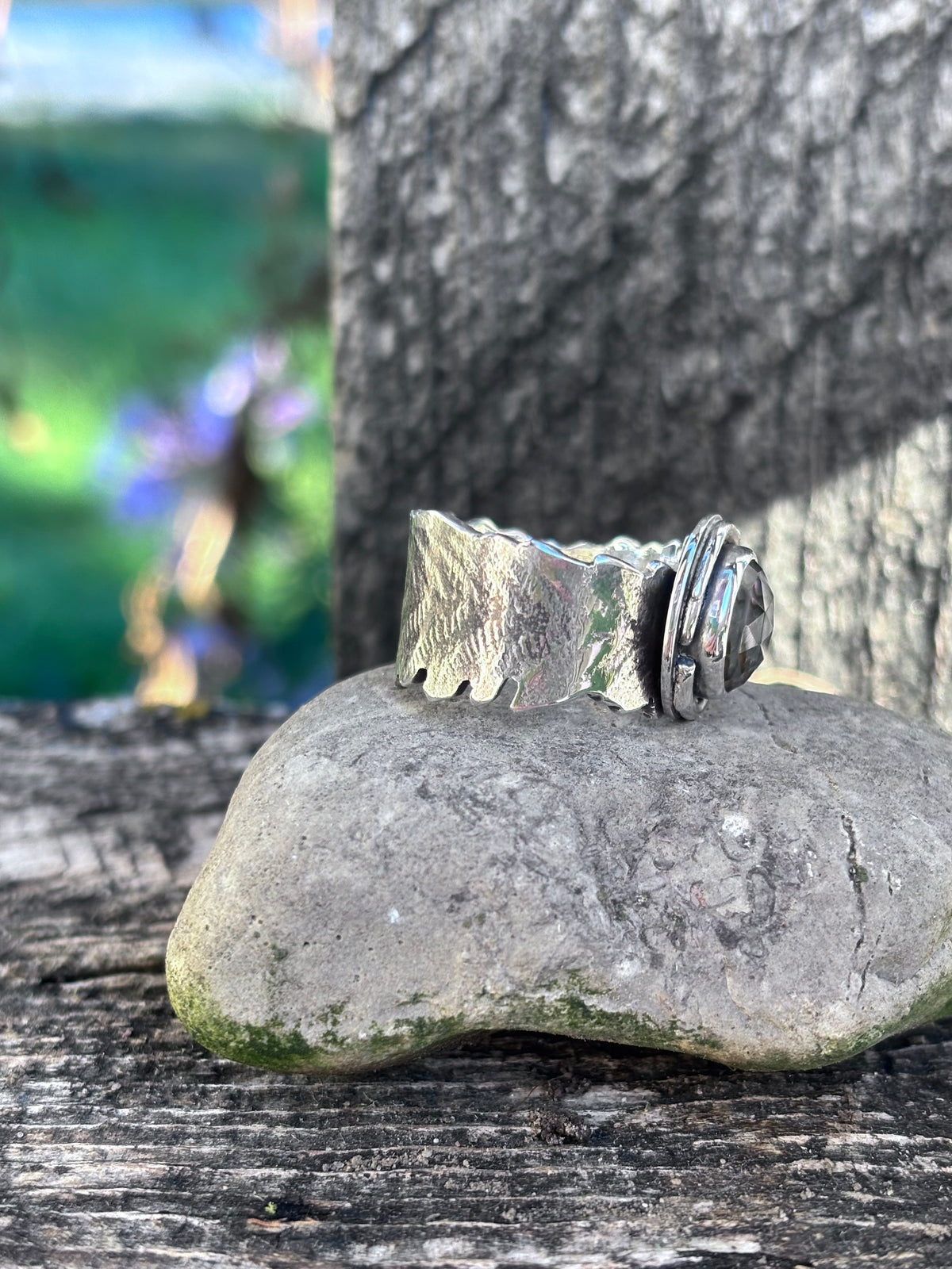 Handmade Sterling Silver Abalone & Himalayan Quartz Doublet Ring | Fern Leaf Band | Size 8.75