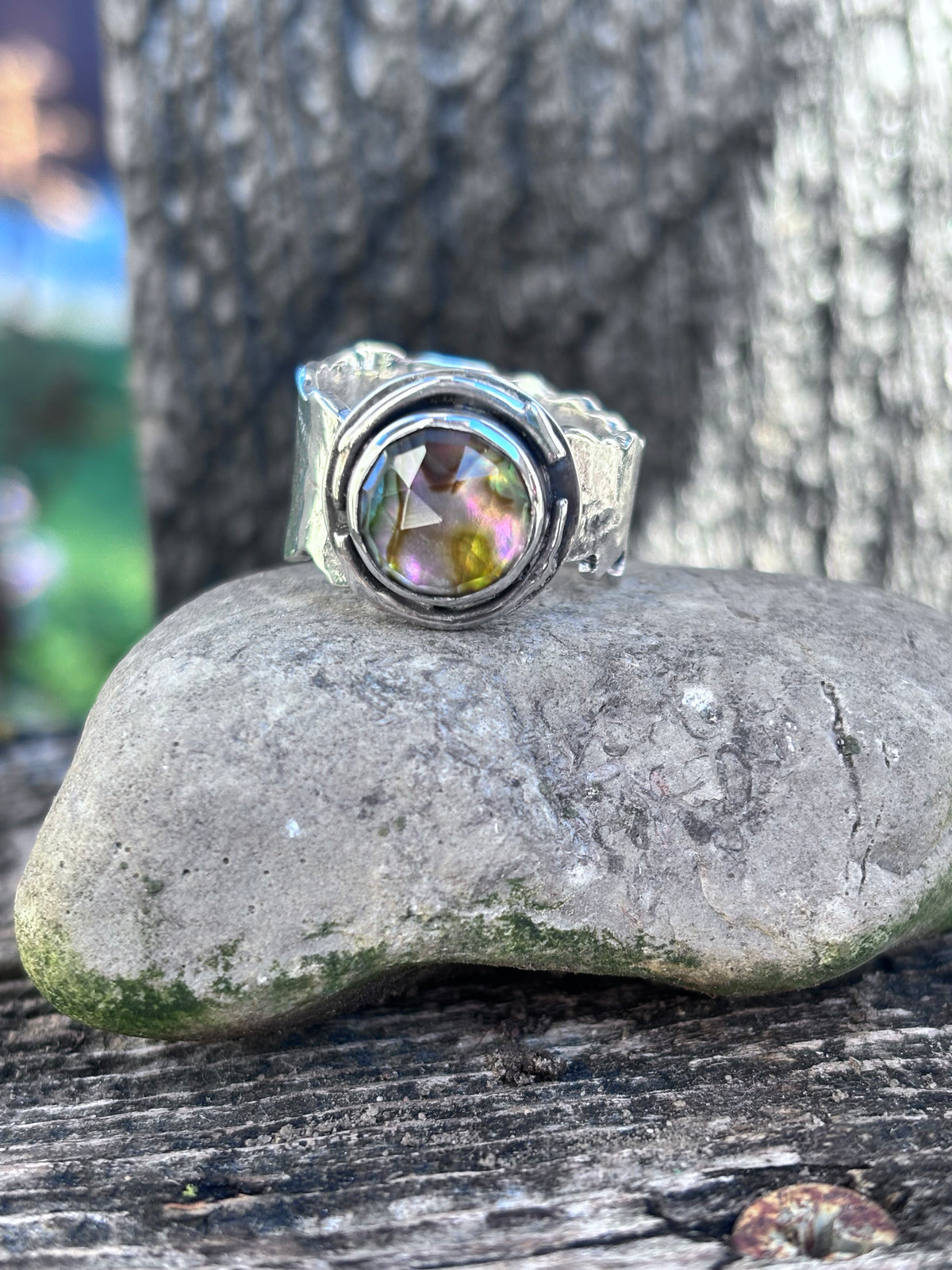 Handmade Sterling Silver Abalone & Himalayan Quartz Doublet Ring | Fern Leaf Band | Size 8.75