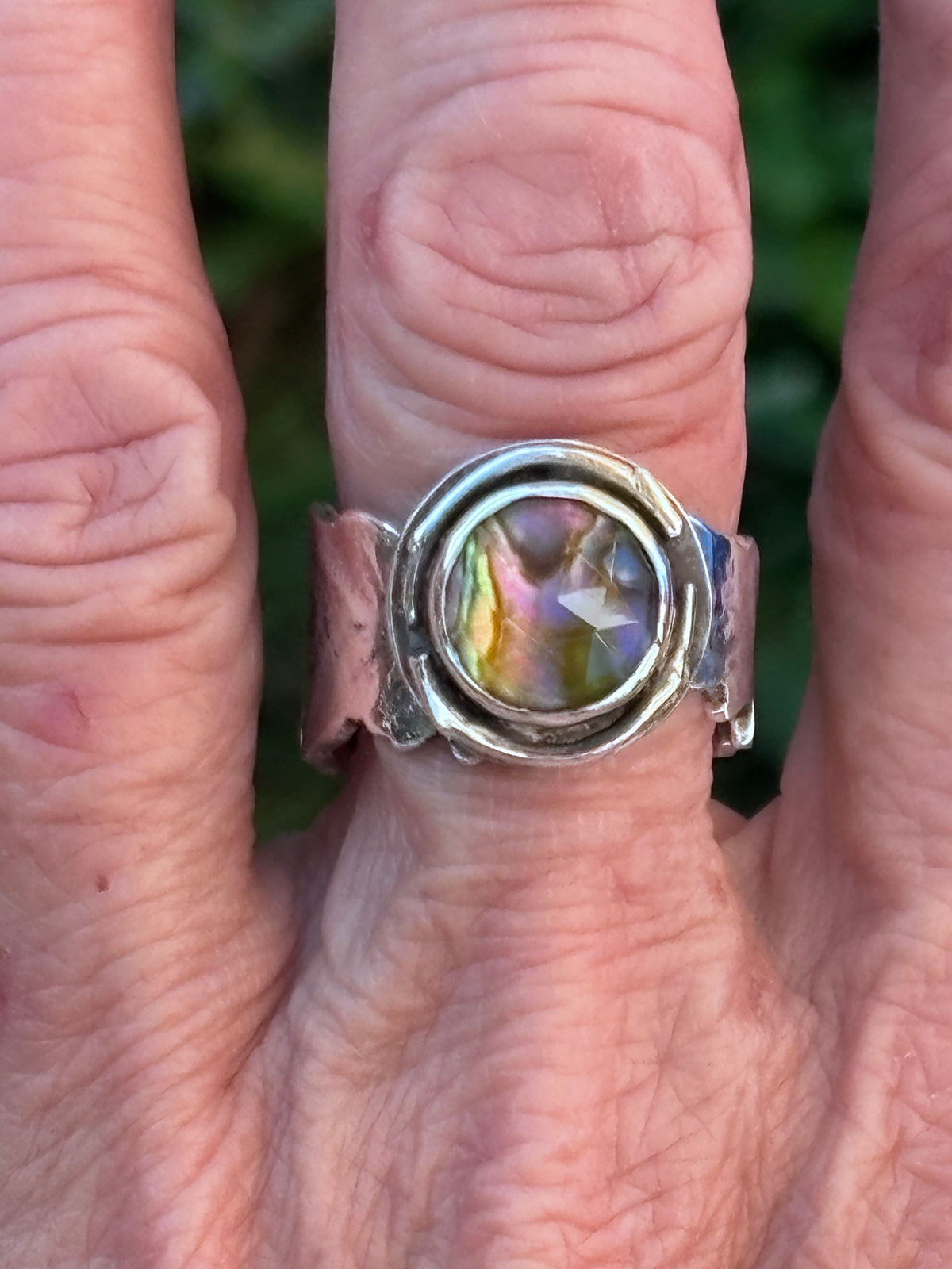 Handmade Sterling Silver Abalone & Himalayan Quartz Doublet Ring | Fern Leaf Band | Size 8.75