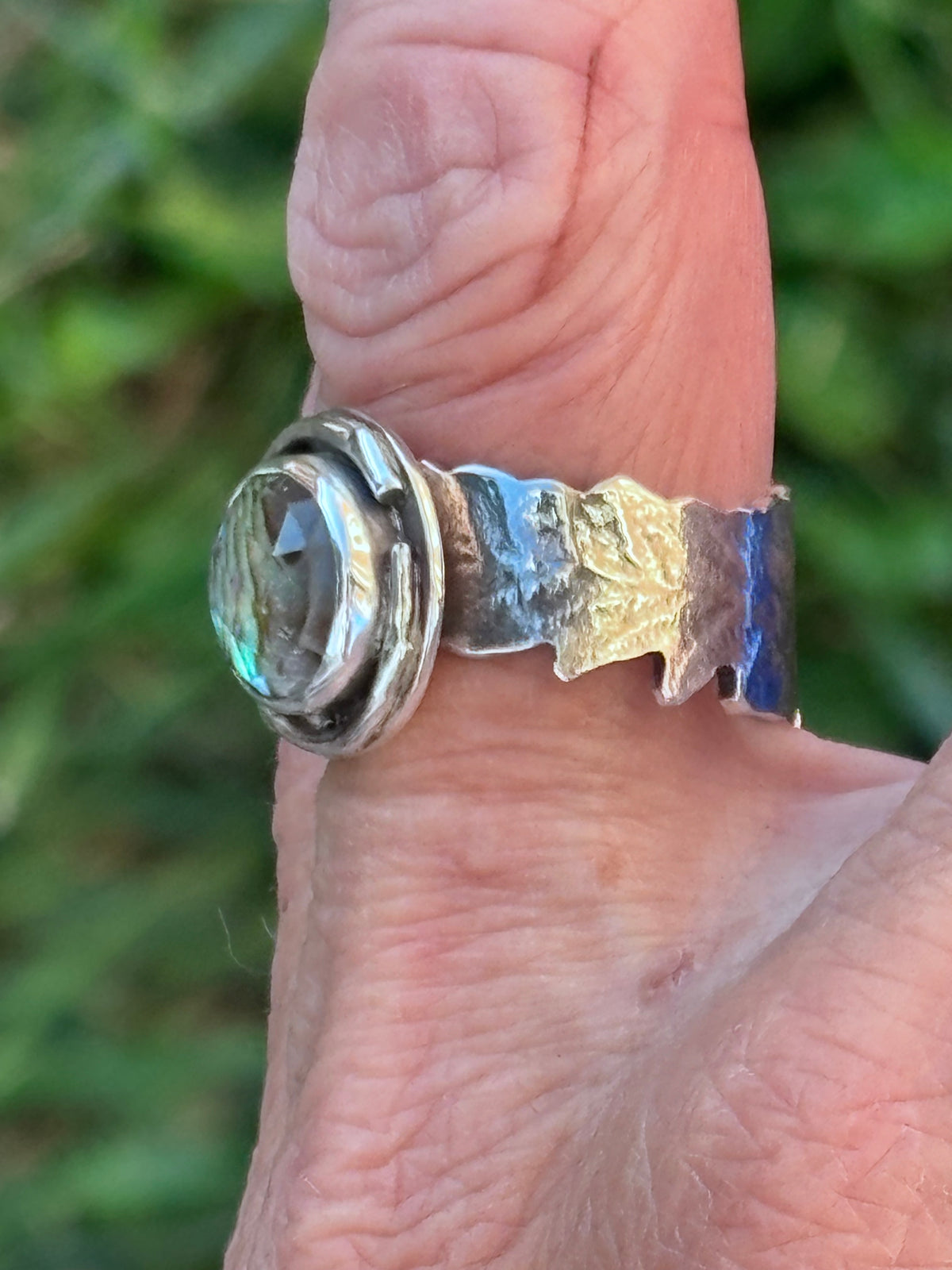 Handmade Sterling Silver Abalone & Himalayan Quartz Doublet Ring | Fern Leaf Band | Size 8.75