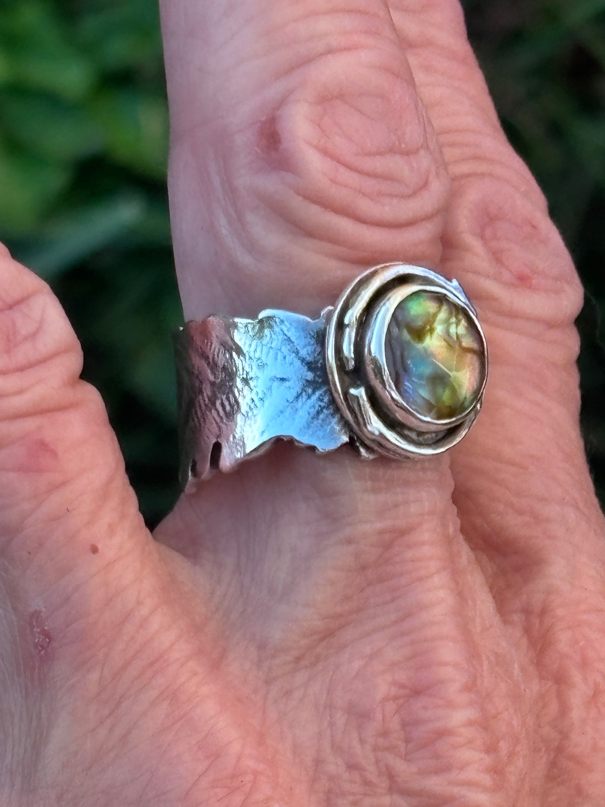 Handmade Sterling Silver Abalone & Himalayan Quartz Doublet Ring | Fern Leaf Band | Size 8.75
