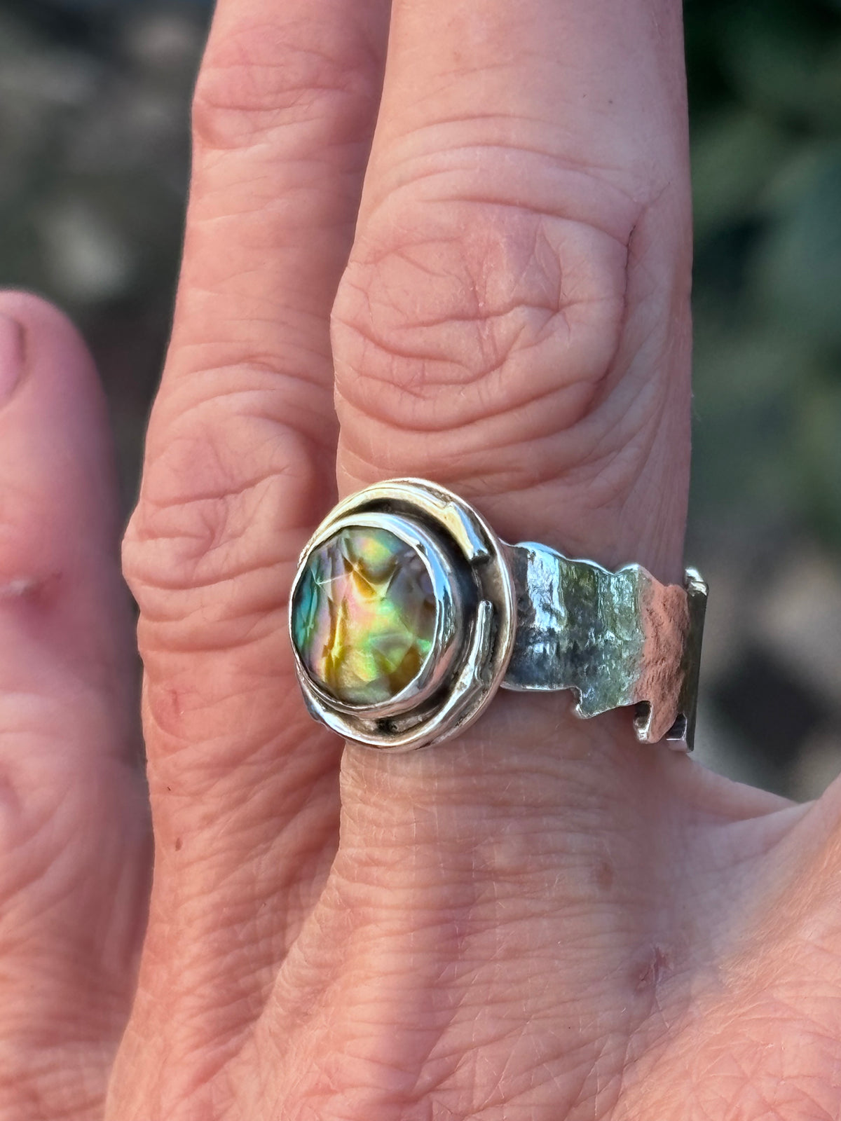 Handmade Sterling Silver Abalone & Himalayan Quartz Doublet Ring | Fern Leaf Band | Size 8.75