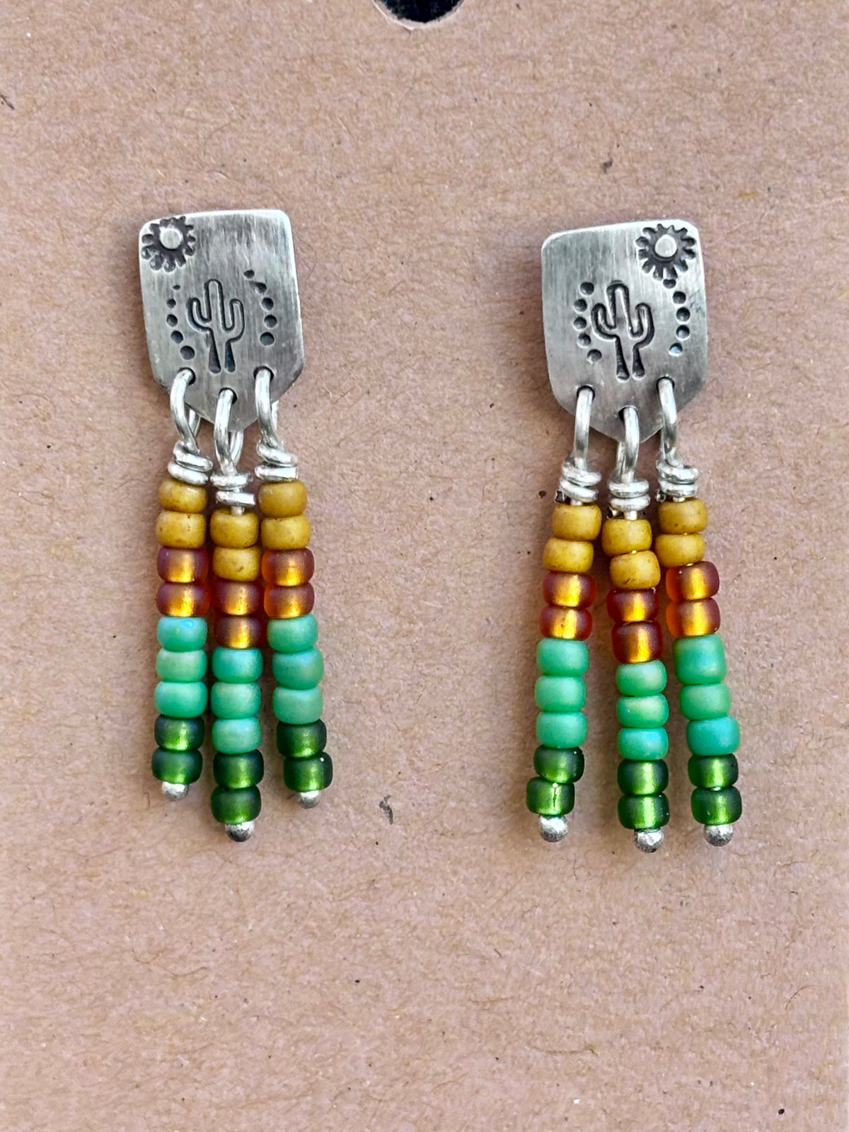 Hand Stamped Sterling Silver & Miyuki Seed Bead Dangle Earrings