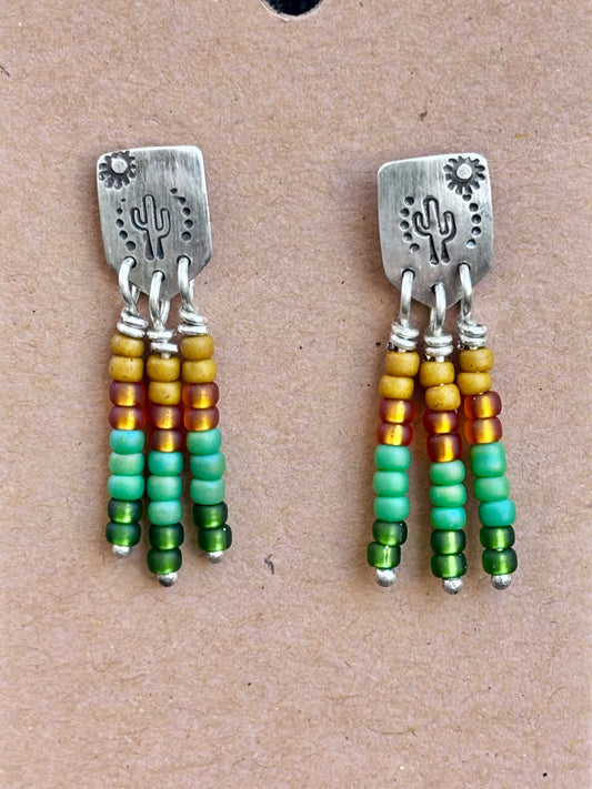 Hand Stamped Sterling Silver & Miyuki Seed Bead Dangle Earrings