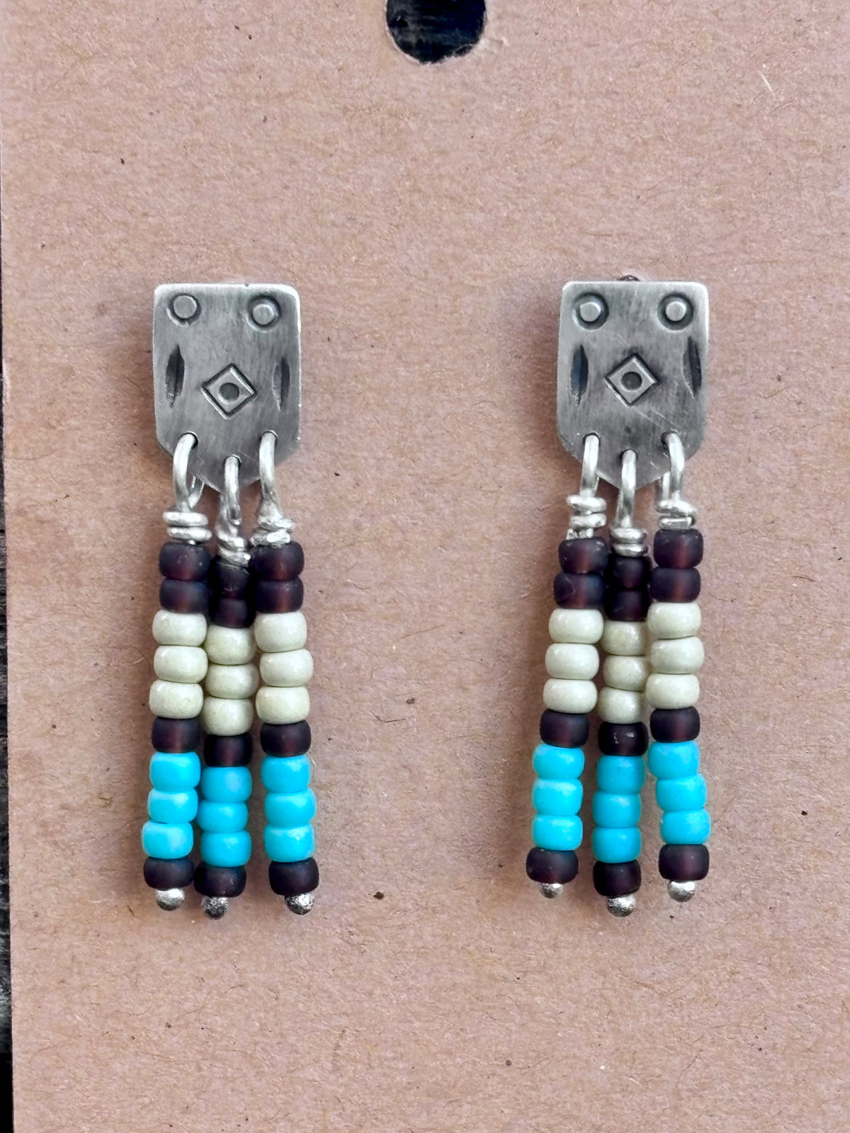 Hand Stamped Sterling Silver & Miyuki Seed Bead Dangle Earrings