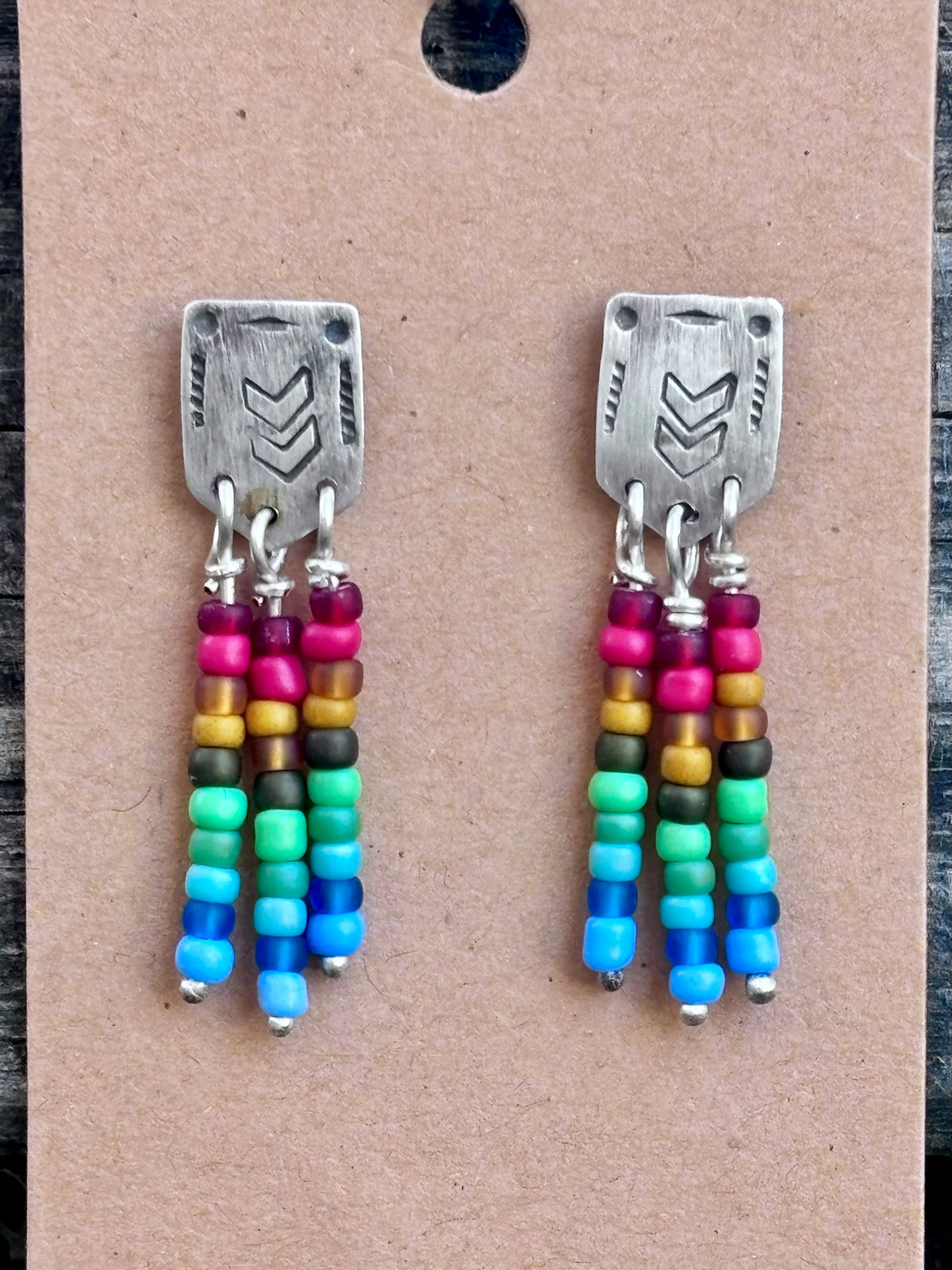 Hand Stamped Sterling Silver & Miyuki Seed Bead Dangle Earrings