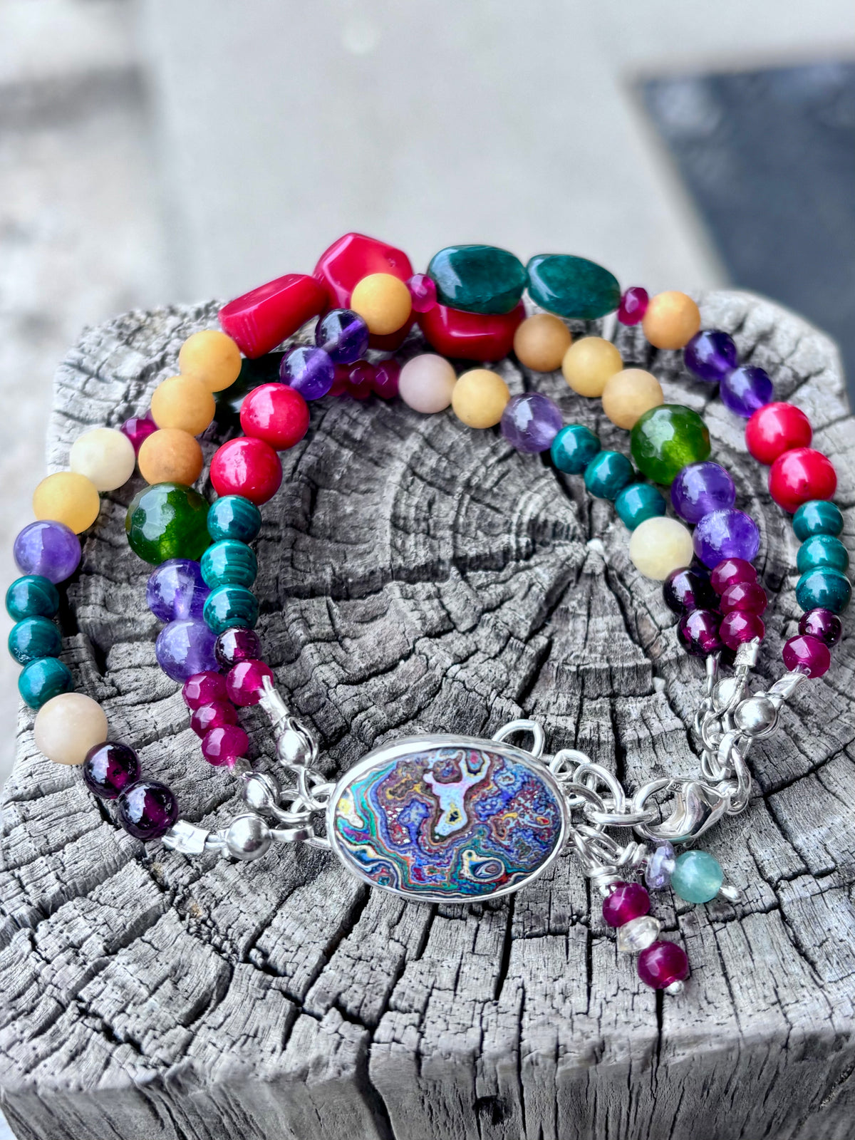 Handcrafted Sterling Silver Fordite & Gemstone Multi-Strand Bracelet