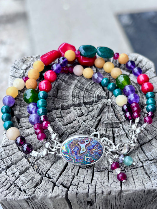 Handcrafted Sterling Silver Fordite & Gemstone Multi-Strand Bracelet