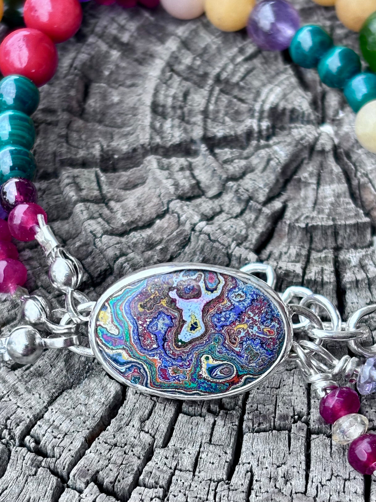 Handcrafted Sterling Silver Fordite & Gemstone Multi-Strand Bracelet