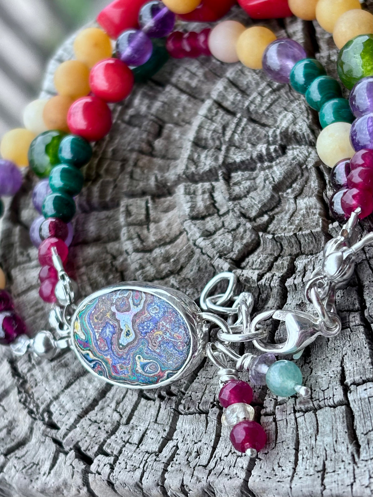 Handcrafted Sterling Silver Fordite & Gemstone Multi-Strand Bracelet