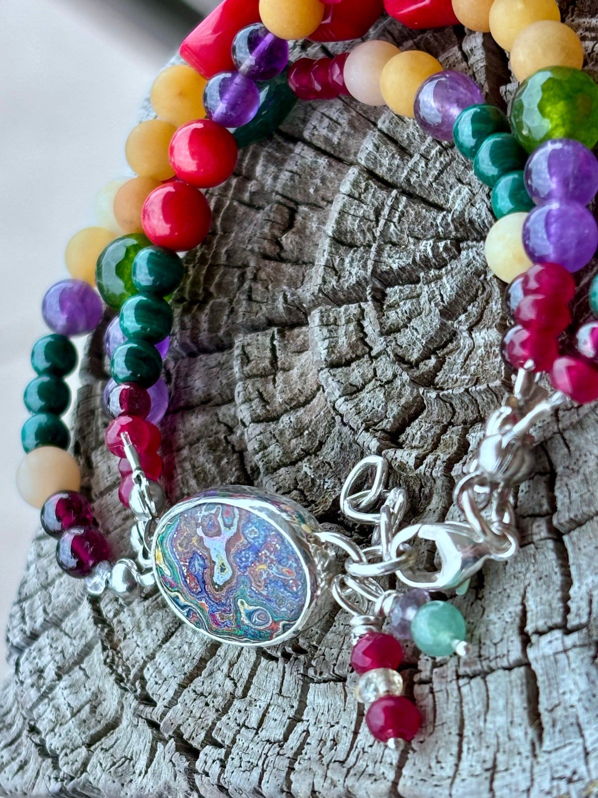Handcrafted Sterling Silver Fordite & Gemstone Multi-Strand Bracelet