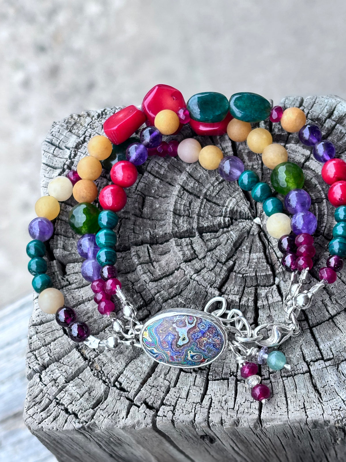 Handcrafted Sterling Silver Fordite & Gemstone Multi-Strand Bracelet