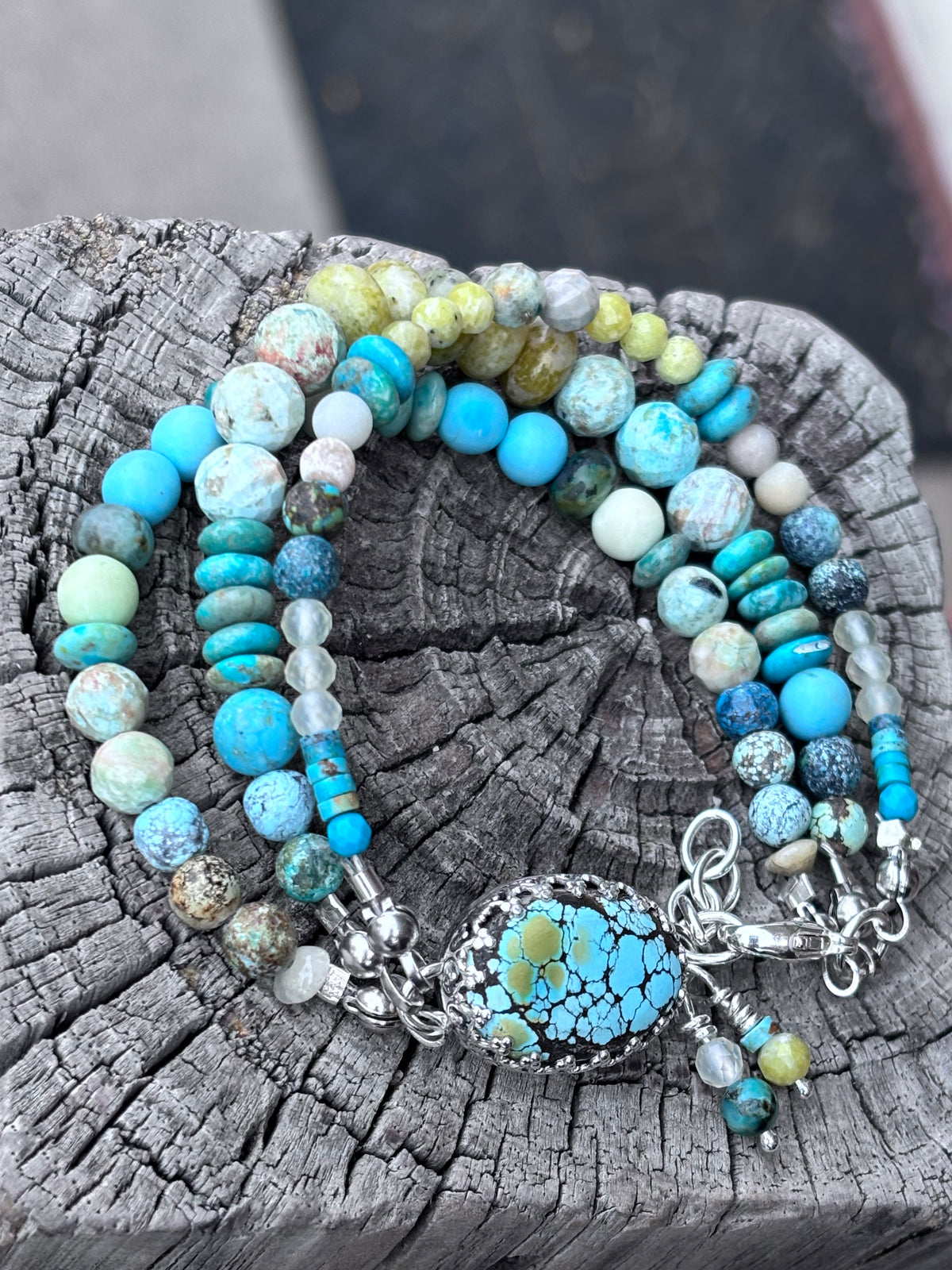 Handcrafted Sterling Silver Turquoise & Mixed Gemstone Multi-Strand Bracelet