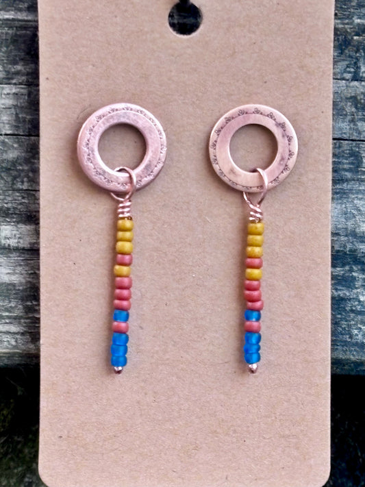 Hand Stamped Copper & Miyuki Seed Bead Earrings | Sterling Silver Posts