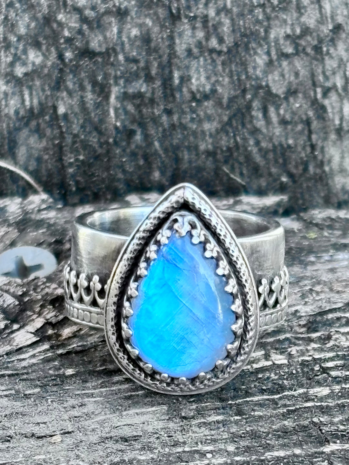 Handcrafted Blue Flash Moonstone Ring | Ornate Sterling Silver Statement Ring | Size 8.75