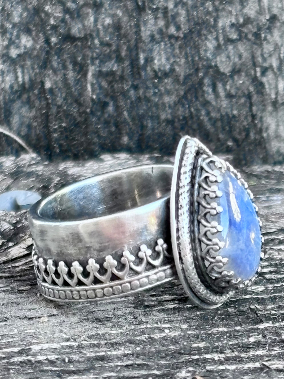 Handcrafted Blue Flash Moonstone Ring | Ornate Sterling Silver Statement Ring | Size 8.75