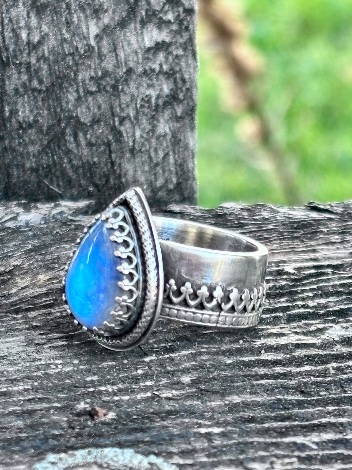 Handcrafted Blue Flash Moonstone Ring | Ornate Sterling Silver Statement Ring | Size 8.75