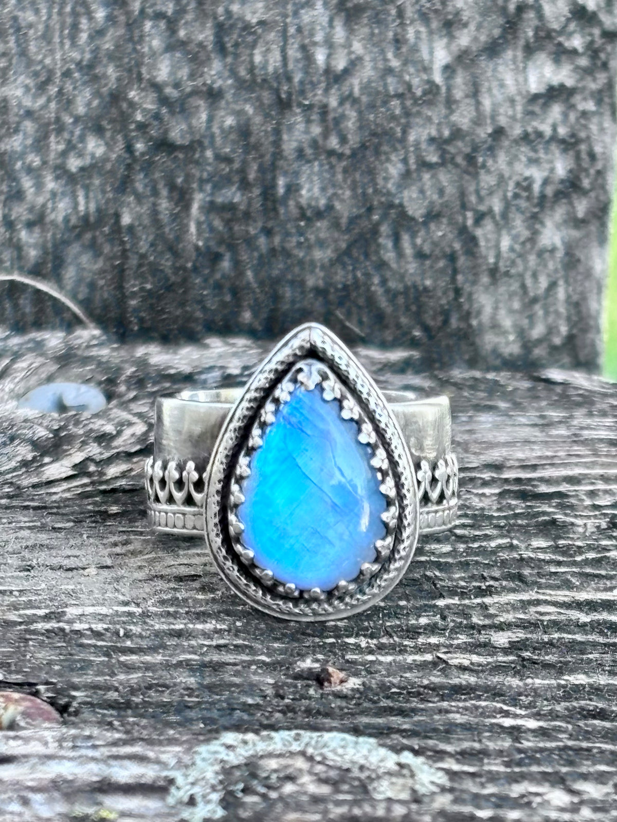 Handcrafted Blue Flash Moonstone Ring | Ornate Sterling Silver Statement Ring | Size 8.75