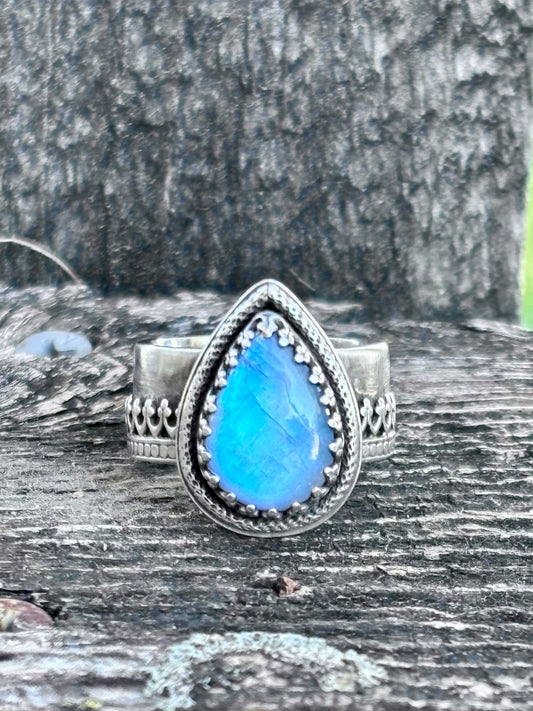 Handcrafted Blue Flash Moonstone Ring | Ornate Sterling Silver Statement Ring | Size 8.75