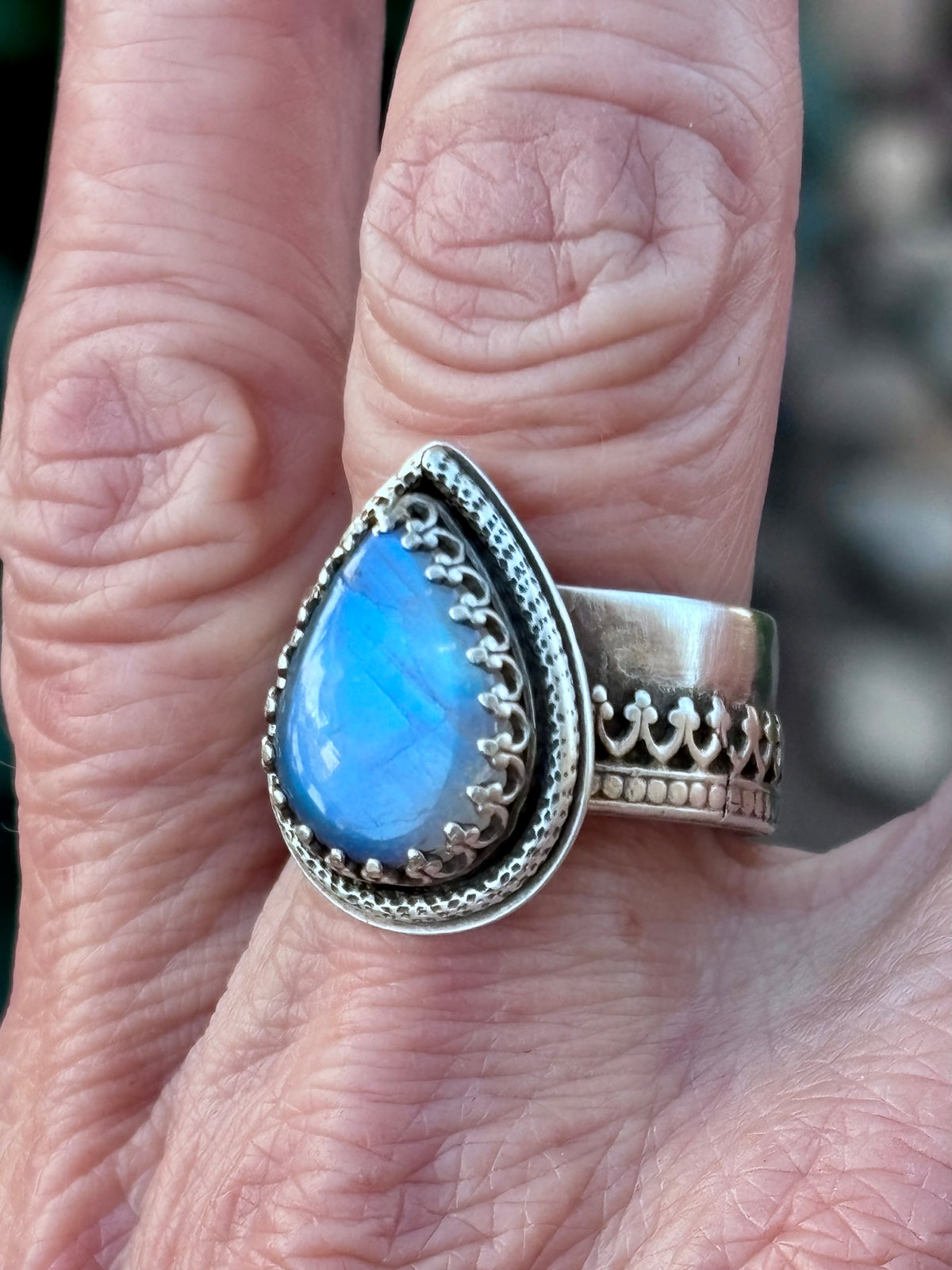 Handcrafted Blue Flash Moonstone Ring | Ornate Sterling Silver Statement Ring | Size 8.75