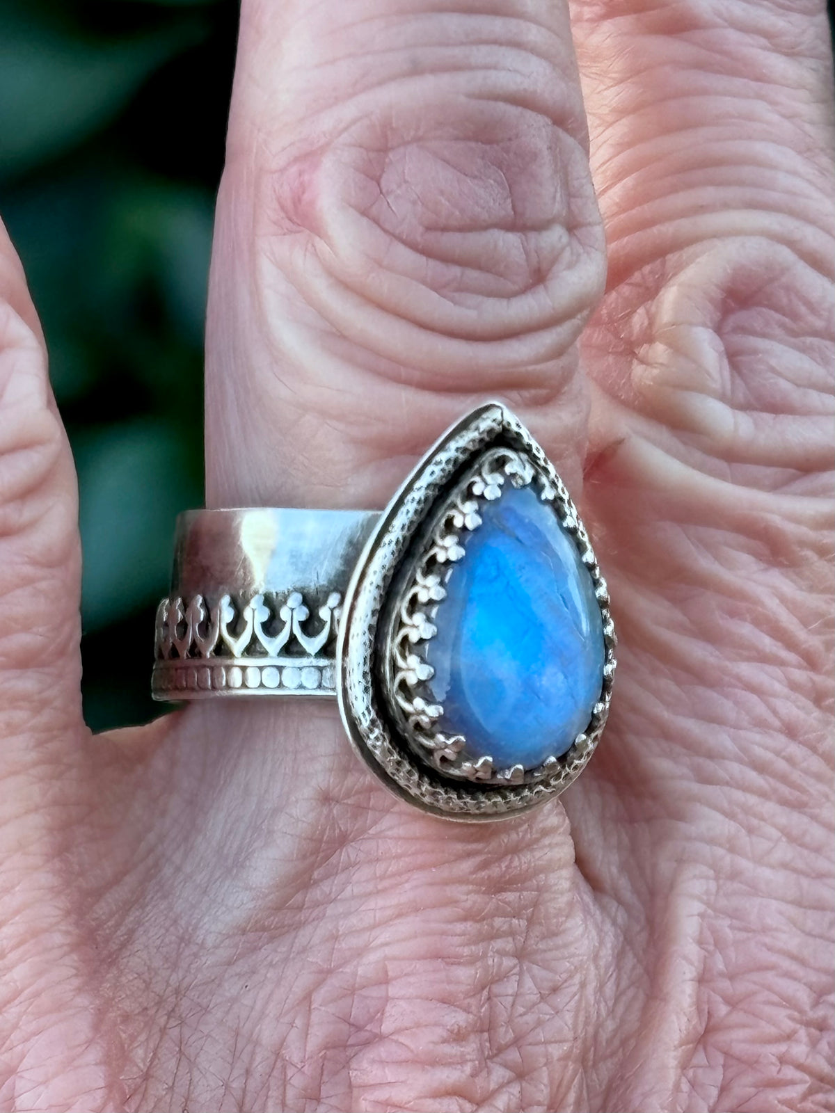 Handcrafted Blue Flash Moonstone Ring | Ornate Sterling Silver Statement Ring | Size 8.75