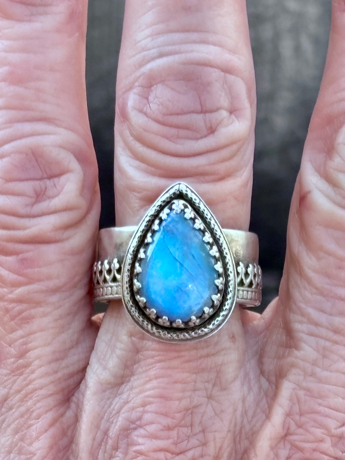 Handcrafted Blue Flash Moonstone Ring | Ornate Sterling Silver Statement Ring | Size 8.75
