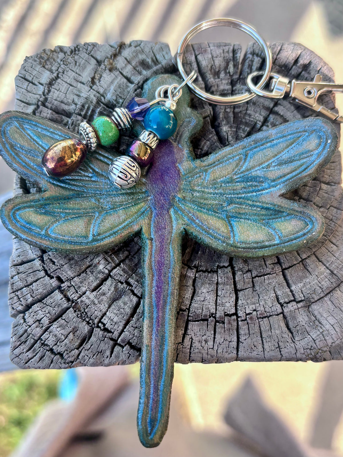 Shimmering Leather Dragonfly Purse Charm | Leather Keychain | Boho Bag Charm
