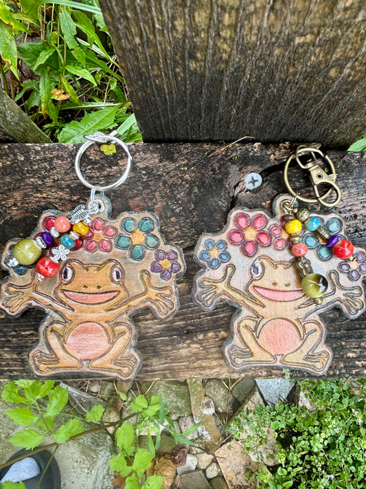 Handcrafted Leather Floral Frog / Toad Purse Charm | Leather Keychain | Boho Bag Charm