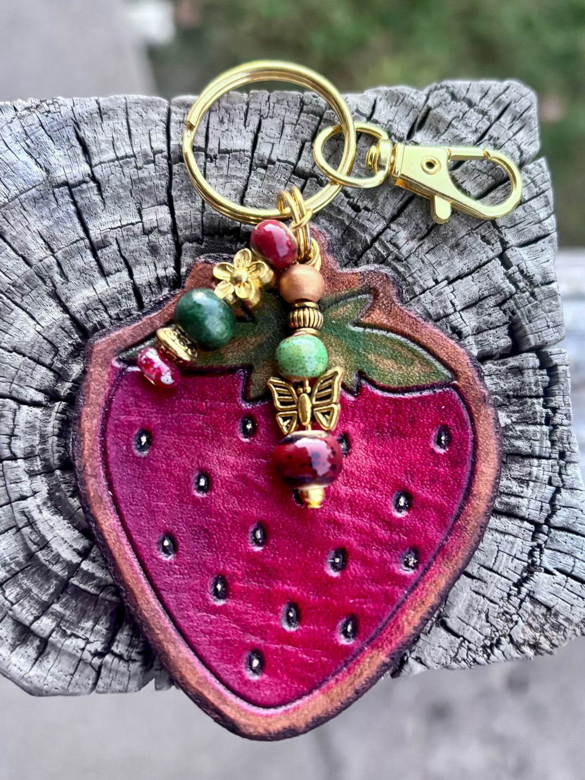 Handcrafted Leather Strawberry Purse Charm | Strawberry Leather Keychain | Boho Bag Charm