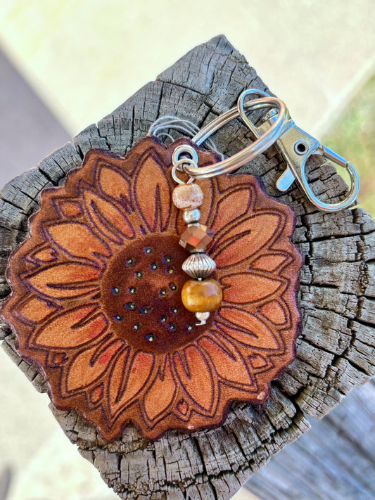 Handcrafted Leather Sunflower Purse Charm | Leather Keychain | Boho Bag Charm