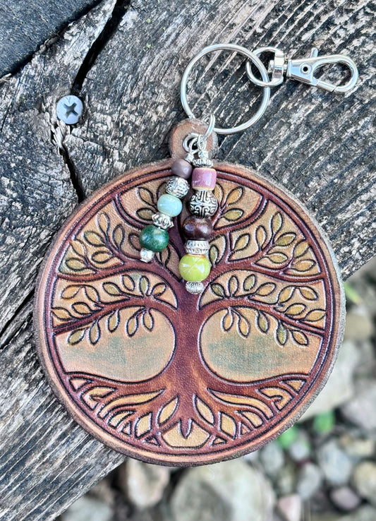 Handcrafted Leather Tree of Life Purse Charm | Leather Keychain | Boho Bag Charm