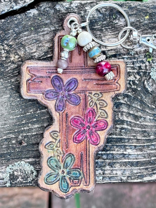 Woodgrain Floral Cross Bag Charm | Handcrafted Leather Keychain