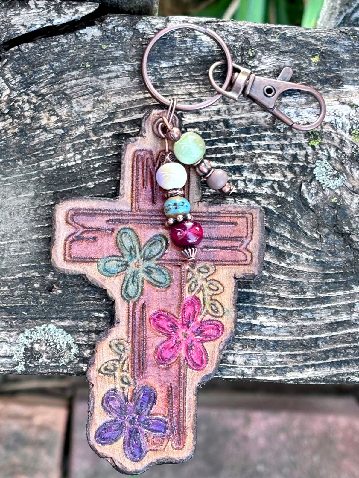 Woodgrain Floral Cross Bag Charm | Handcrafted Leather Keychain